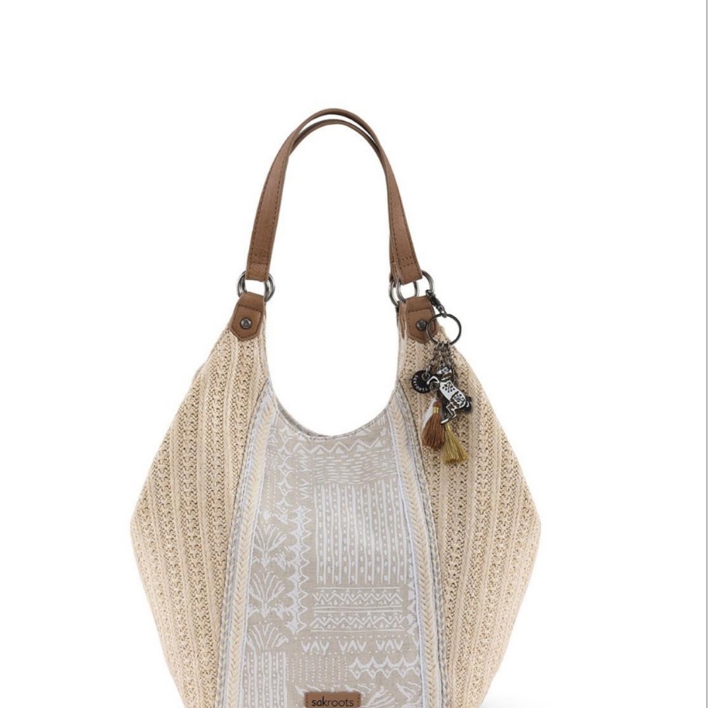 Sakroots Roma Cream and Brown Shoulder Bag with Woven Texture